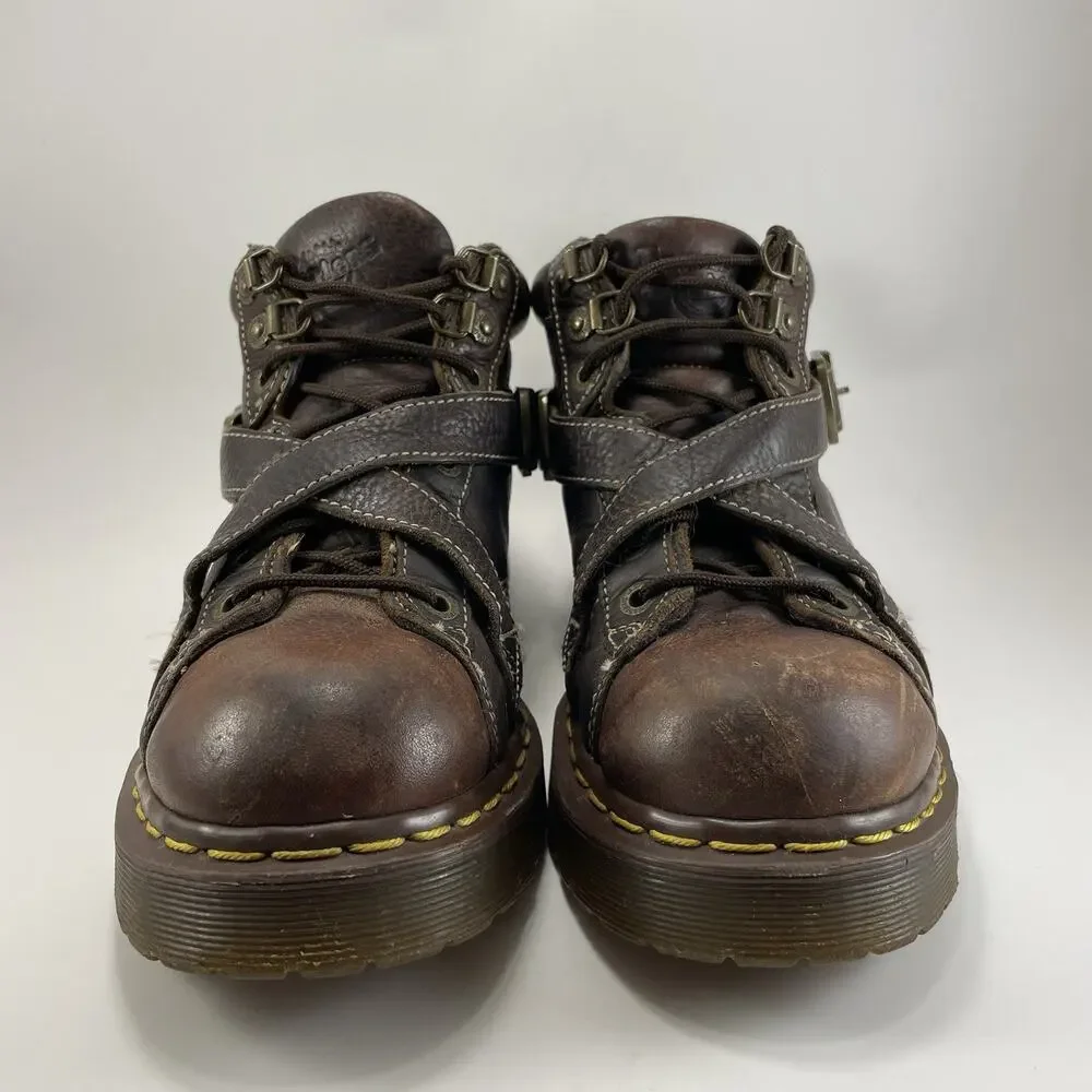 Dr. Martens 9946 Brown Leather Strap Boots Y2K Chunky Platform 10 UK, 11 US Goth